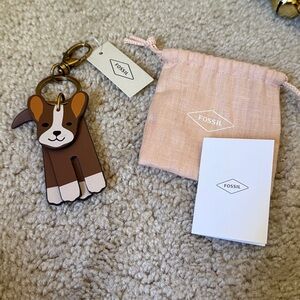 Fossil Brown and White Dog Keychain with Pink Pouch